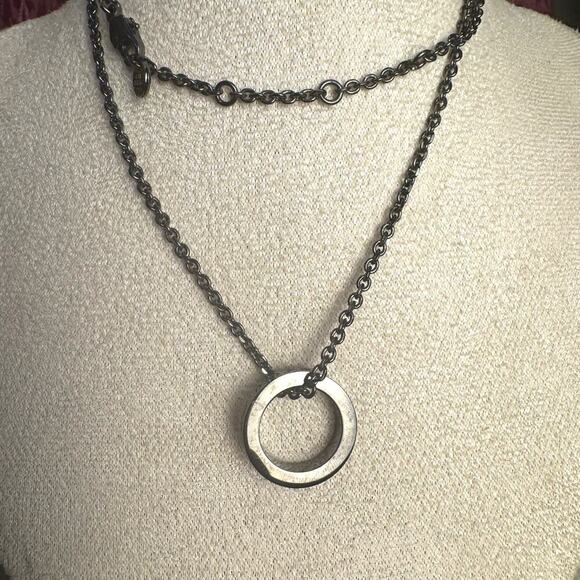 Fendi Logo Pendant Ring Style Necklace Gunmetal Unisex Black Chain Authentic CoA - Picture 2 of 5